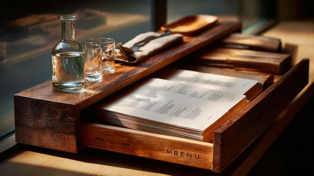Elegant Dining Setup with a Wooden Menu Holder, Glasses, and Water Carafe, Perfectly Arranged for a Culinary Experience in a Cozy, Natural Environment