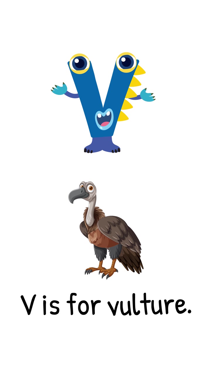 Legende animation af bogstavet V, der forvandles til en figur, sammen med en grib-illustration på en hvid baggrund.