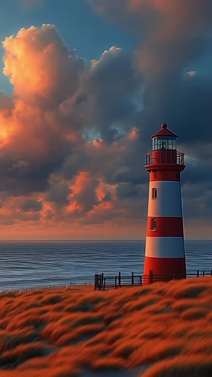 Colorful lighthouse at sunset near ocean. A striking lighthouse stands on coastal grass as vibrant clouds gather at sunset over the tranquil ocean.