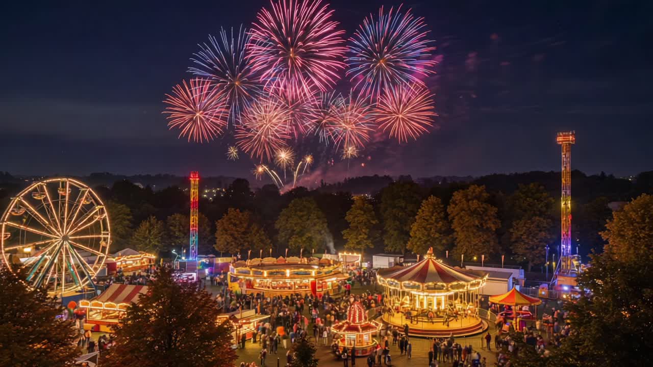 Nighttime Carnival with Fireworks and Rides