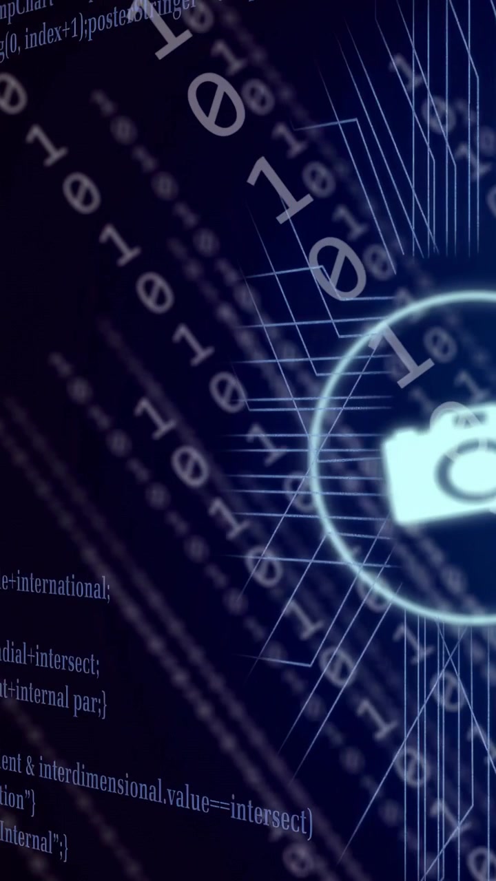 Video verticale: Un flusso binario che inizia, con badge luminosi che appaiono, pulsano e ruotano, mostrando il flusso di dati.