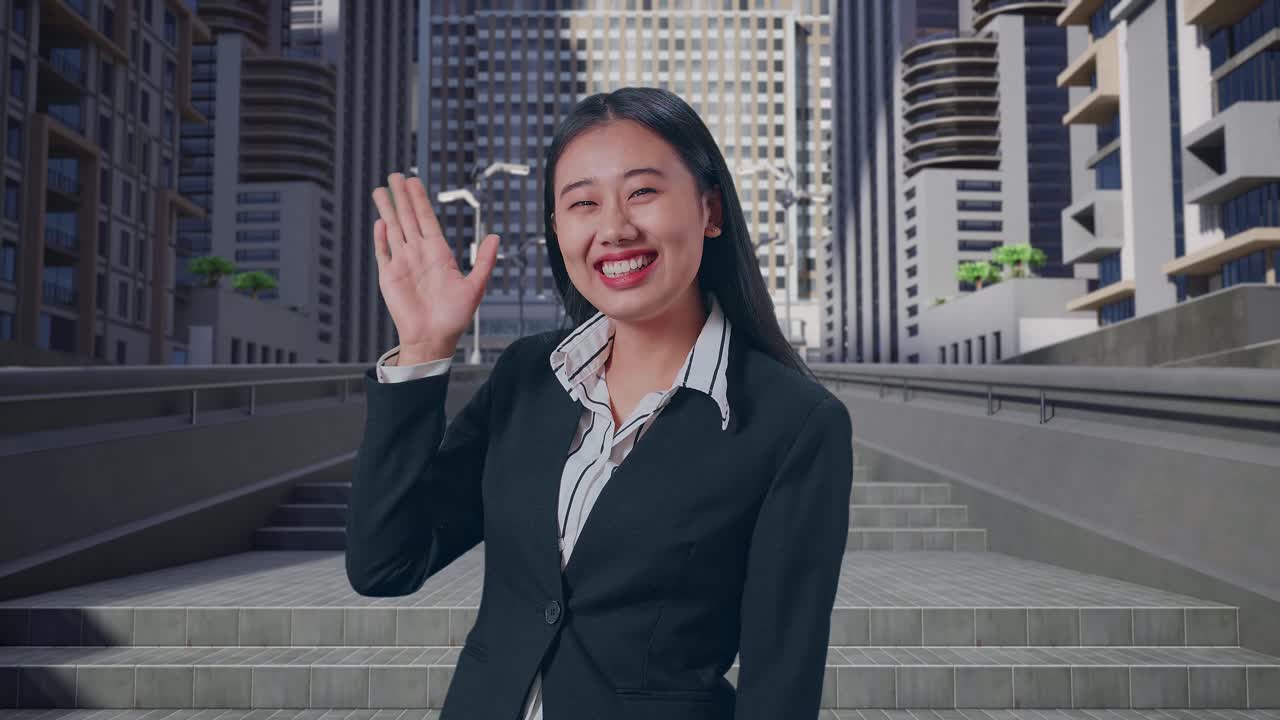 una mujer de negocios asiática sonriente agitando la mano diciendo adiós mientras camina por la ciudad urbana