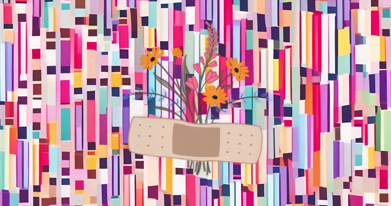 Triggered by pulsing mosaic, flat-design bouquet appearing wrapped in bandage symbolizing healing