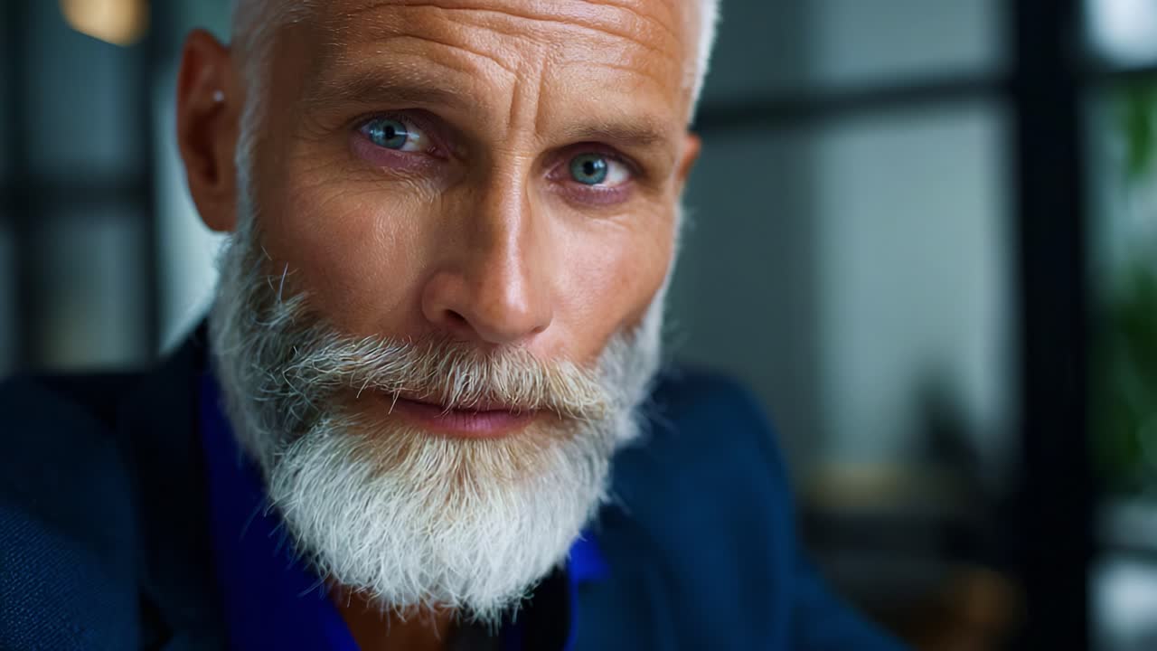 Un uomo maturo con una barba elegante e intensi occhi azzurri, che emana sicurezza e profondità, mostra eleganza con il suo outfit sofisticato e l'espressione composta.