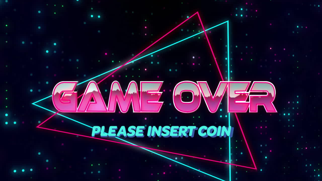 Game Over and Please Insert Coin text animation over neon geometric shapes