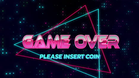 game over and please insert coin text animation over neon geometric shapes