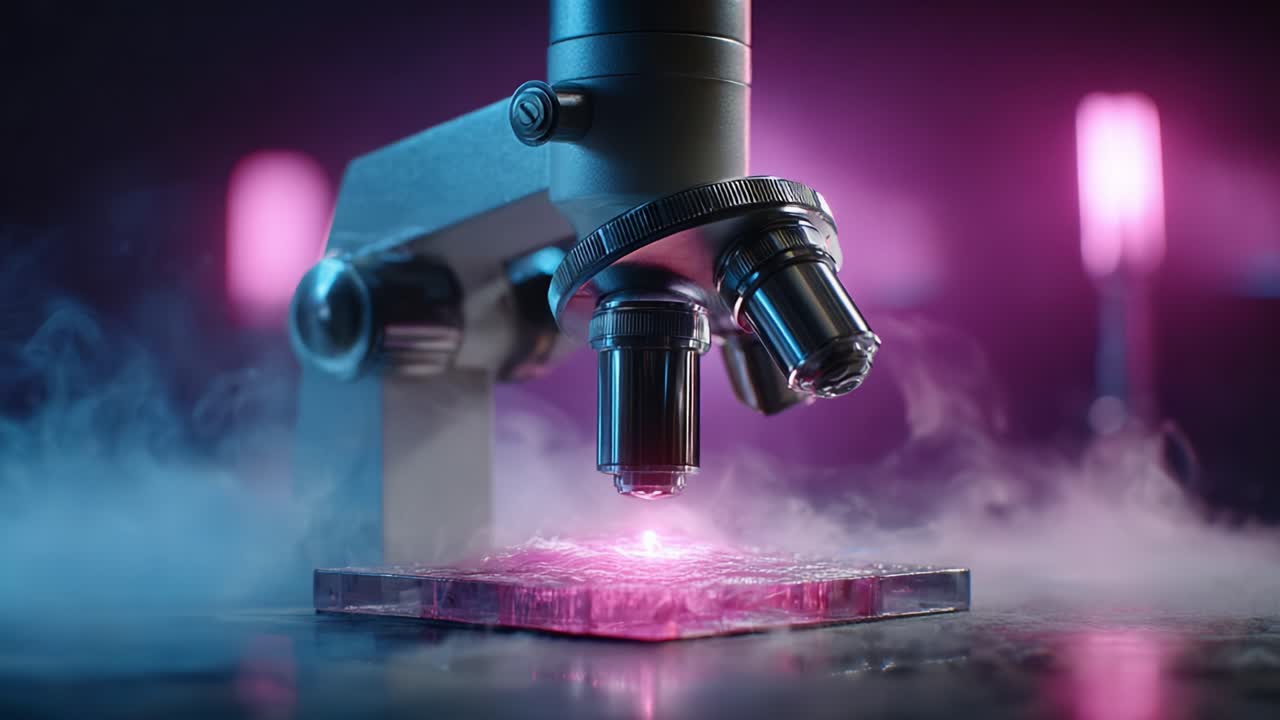 A Close-Up View of a Modern Microscope Illuminating a Glass Slide with Vibrant Pink Light, Set Against a Mystical Foggy Background for Scientific Exploration