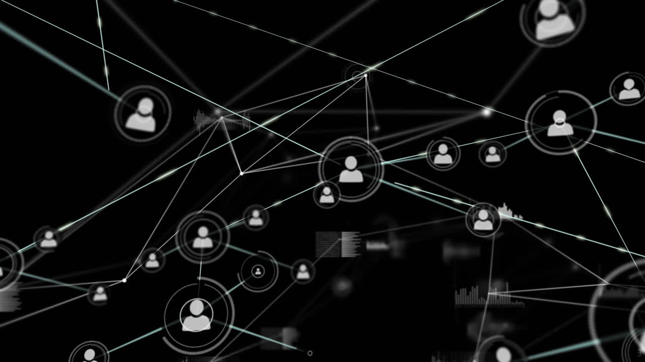 animación de la red de conexiones con iconos y procesamiento de datos sobre fondo negro
