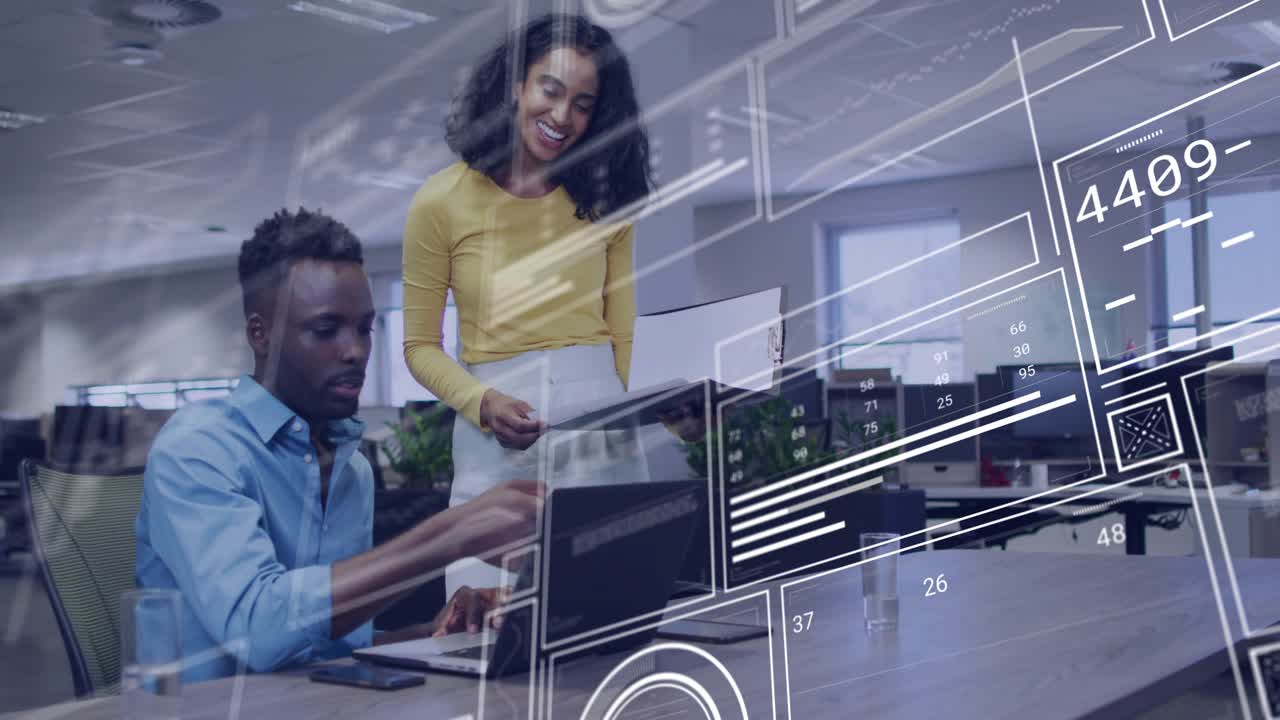 Coworkers reacting to appearing business data panels comparing pages and graphs for data accuracy