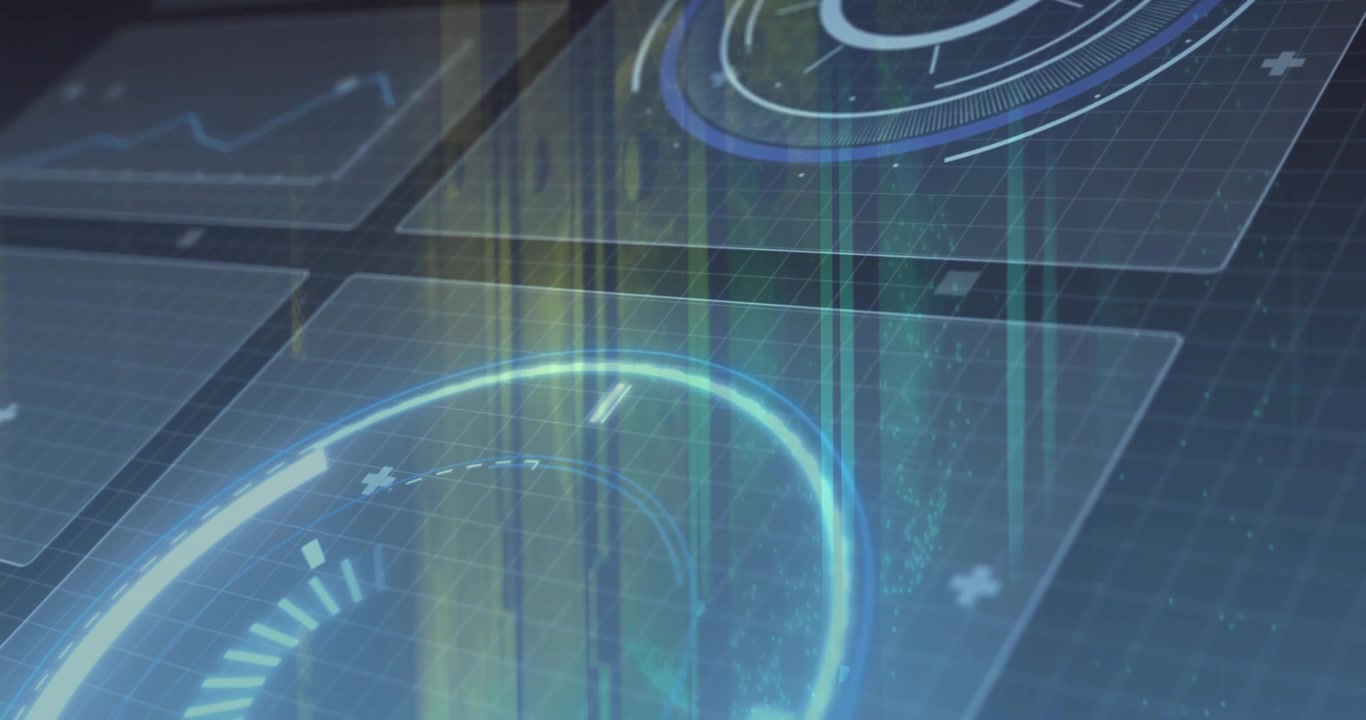 Opening grid initiating gauge and ring chart appearing with shifting beams for holographic readout