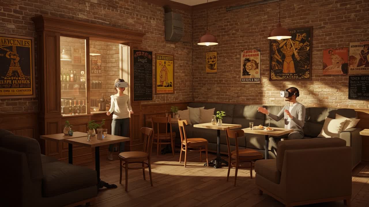 Innovative Virtual Reality Experience in a Cozy Cafe: Two Users Engage with VR Headsets Amidst a Warmly Decorated Space Filled with Vintage Posters and Comfortable Seating