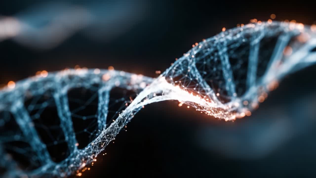 Una visualizzazione intricata di una doppia elica di DNA, che mostra una rappresentazione dinamica delle strutture genetiche, richiamando tecnologia avanzata e complessità biologica.