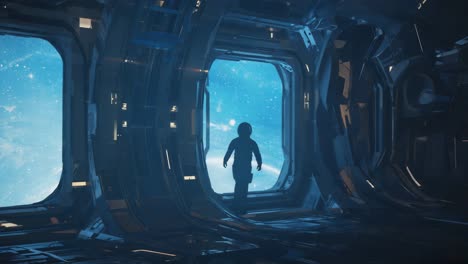astronaut looking out spaceship window at planet and stars