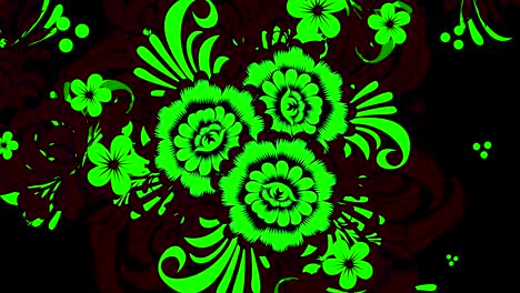 abstracto ornamental digital patrón floral verde que aparece sobre fondo negro. animación. elementos decorativos vintage con flores y pétalos verdes