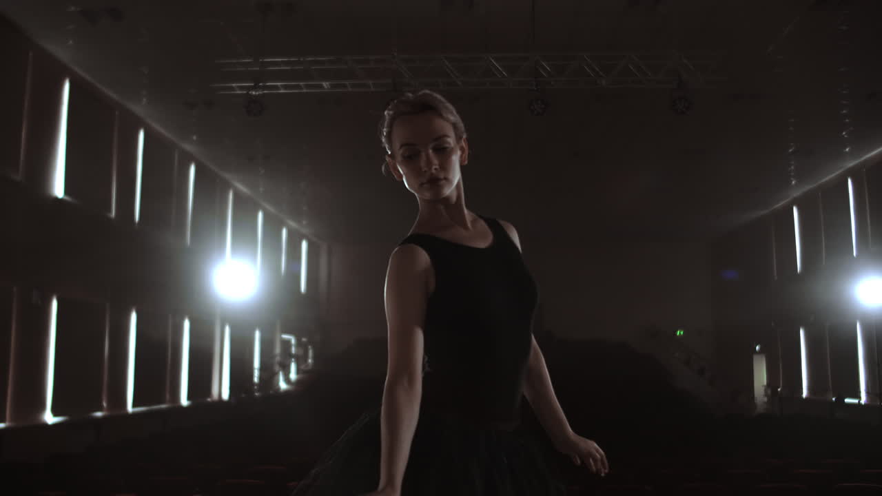 SLOW MOTION: Ballerina dancing in Pointe shoes on stage in smoke in the dark light back view. the camera moves on gimbal