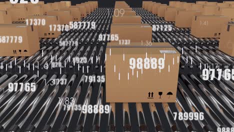 animation of financial data processing over boxes on conveyor belts