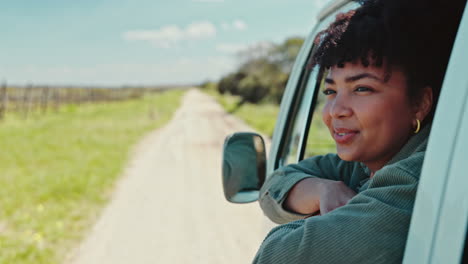 road trip, window and woman in van for travel