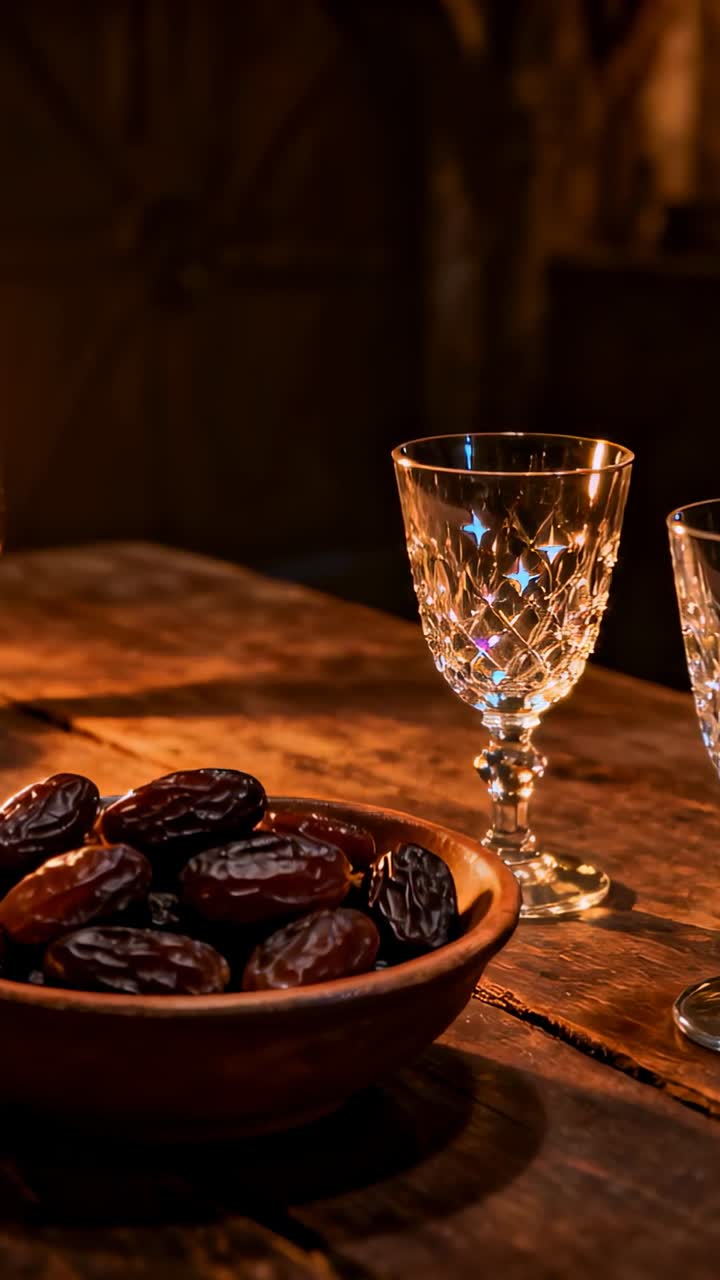 Flickering warm light causing crystal glasses and wooden bowl of dates to shimmer in dim room