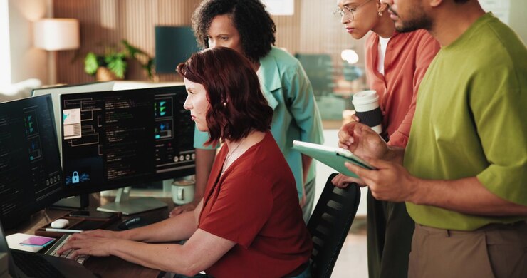 Diverse Team of Software Developers Collaborating on Coding Project in Office