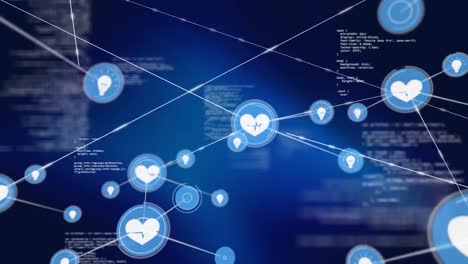 conectores en movimiento y datos digitales en fondo digital azul