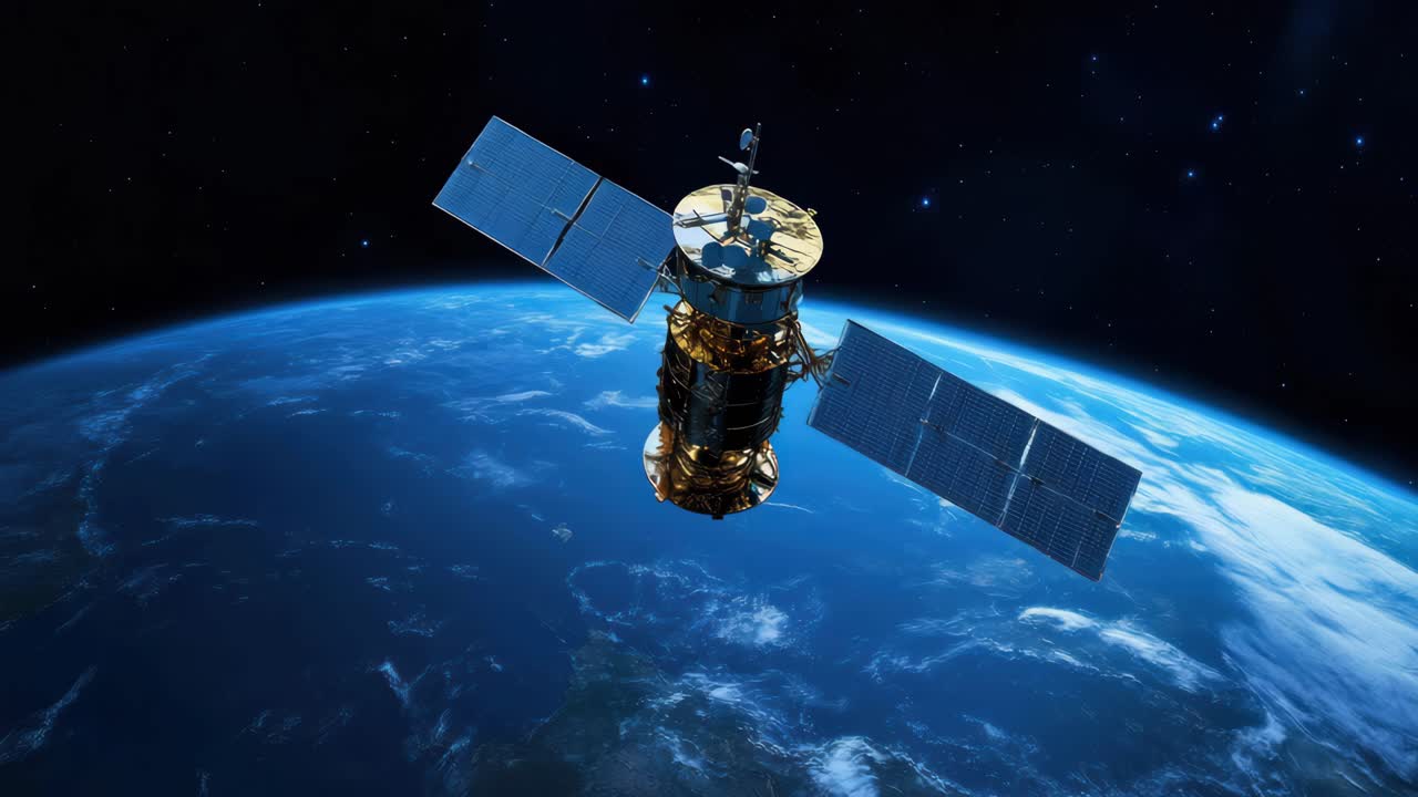 A satellite orbits Earth, captured from a high-angle view. The video style emphasizes the vastness