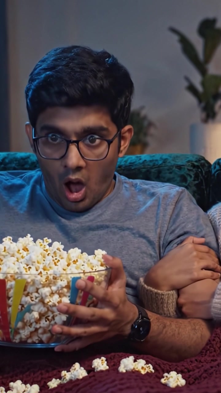 A Young Man Captivated by a Movie, Holding a Bowl of Popcorn, in a Cozy Living Room Environment, Surrounded by Soft Lighting and Textures