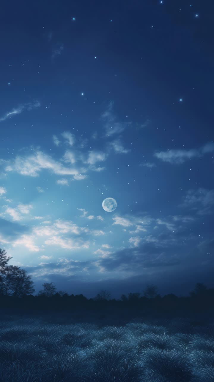 A serene night sky with a full moon and stars, captured from a low-angle view