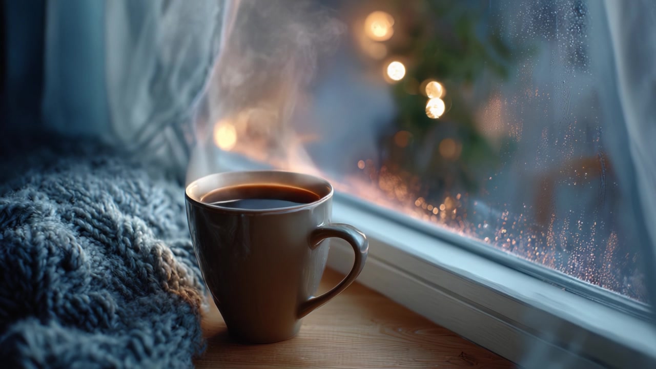 Un accogliente momento caffè vicino alla finestra: calore e serenità catturati in due cornici su uno sfondo piovoso con illuminazione soffusa e un'atmosfera confortante