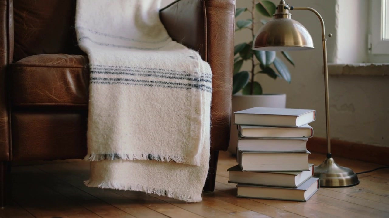 Unfolding folds causing cream throw sliding downward on brown armchair at window nook, beside books