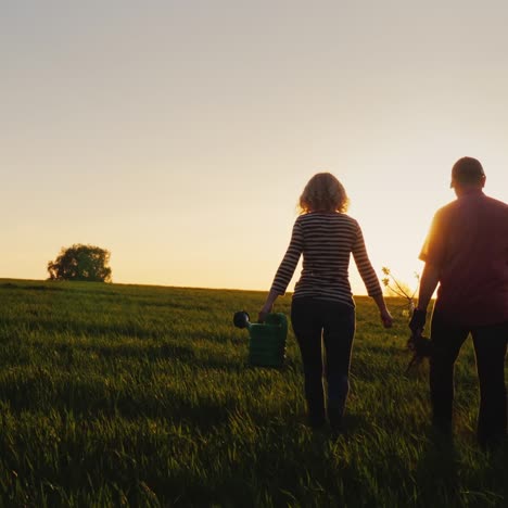 Steadicam-Aufnahme:-Bauern---Ein-Mann-Und-Eine-Frau,-Die-Bei-Sonnenuntergang-über-Das-Feld-Gehen-3