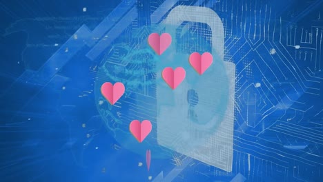 Animation-of-pink-heart-icons-and-security-padlock-icon-and-spinning-globe-against-blue-background