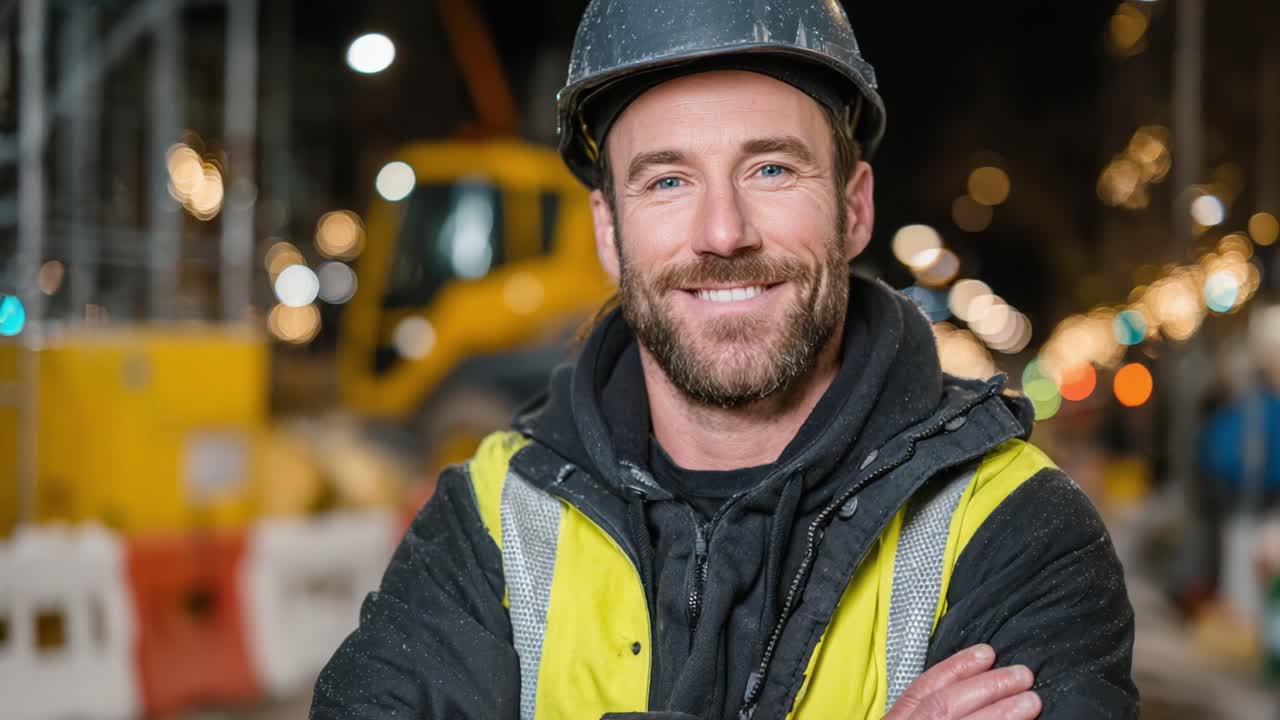 Confident Construction Worker Smiling with Safety Gear in a Nighttime Urban Setting, Emphasizing Dedication and Professionalism in His Craft