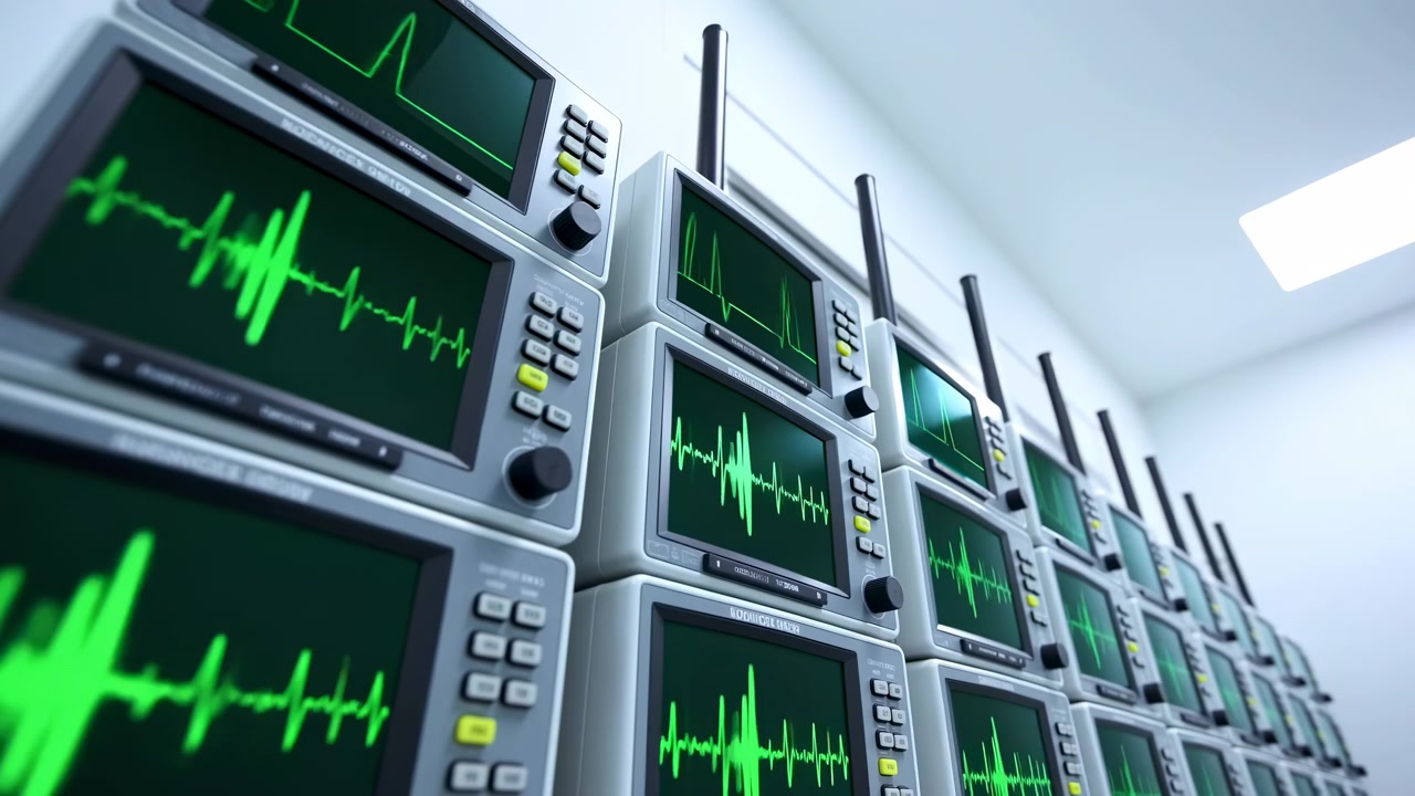 Rows of light gray medical monitors mounted on clinical wall show neon green ECG traces, control buttons, and indicator lights inside sterile hospital room with shallow depth and soft reflections