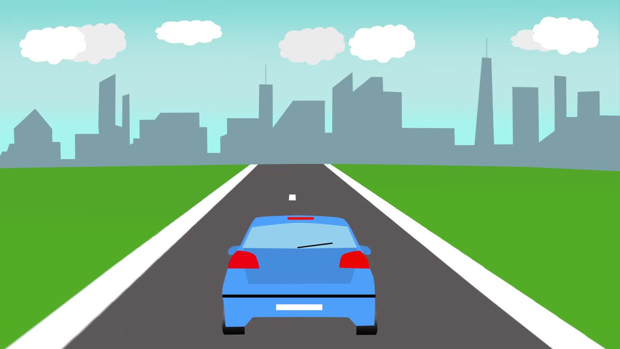 파란 하늘과 구름에 대항하여 멀리 있는 초고층 건물과 함께 고속도로를 따라 이동하는 파란색 자동차. 다채로운 스타일의 만화 배경.