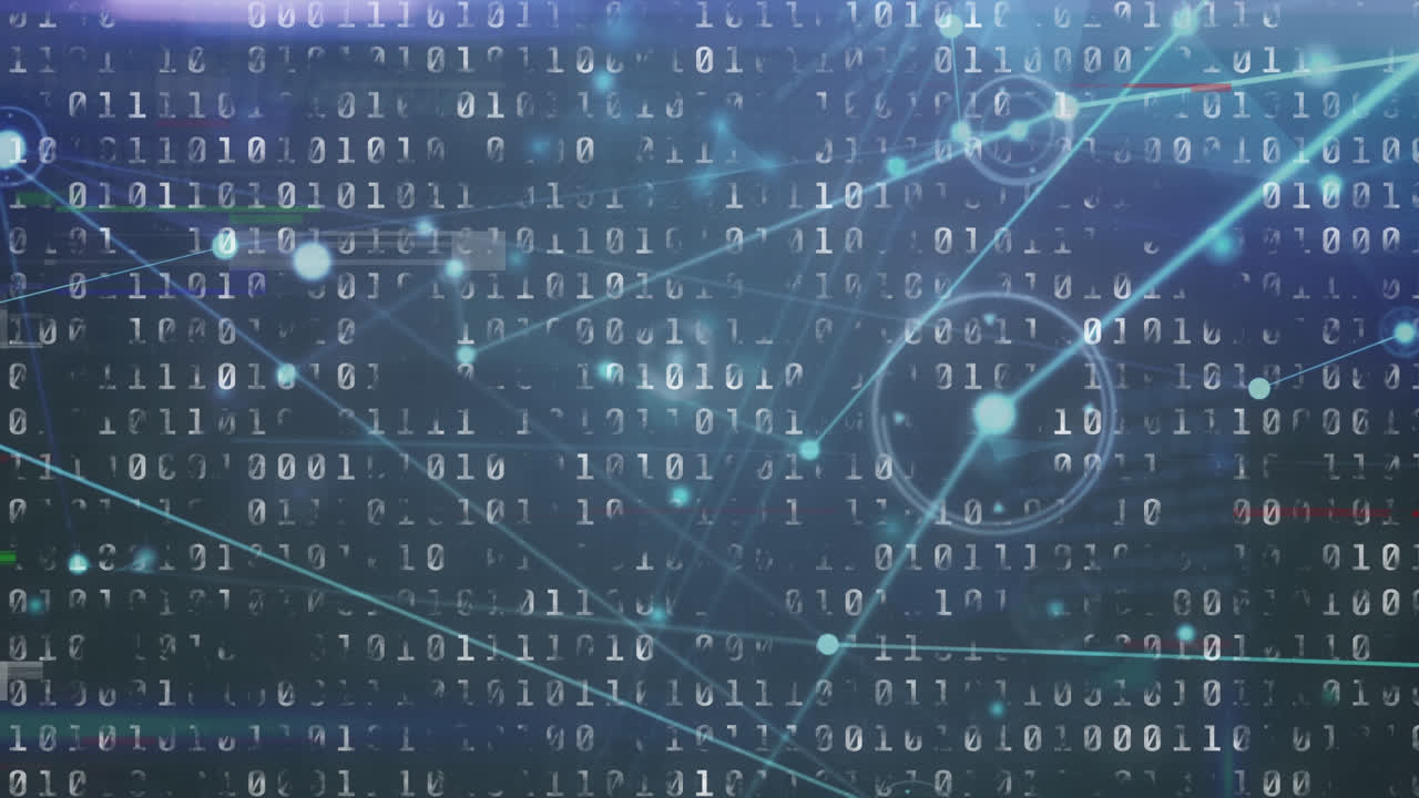 Animation of network of connections with icons over binary coding data processing