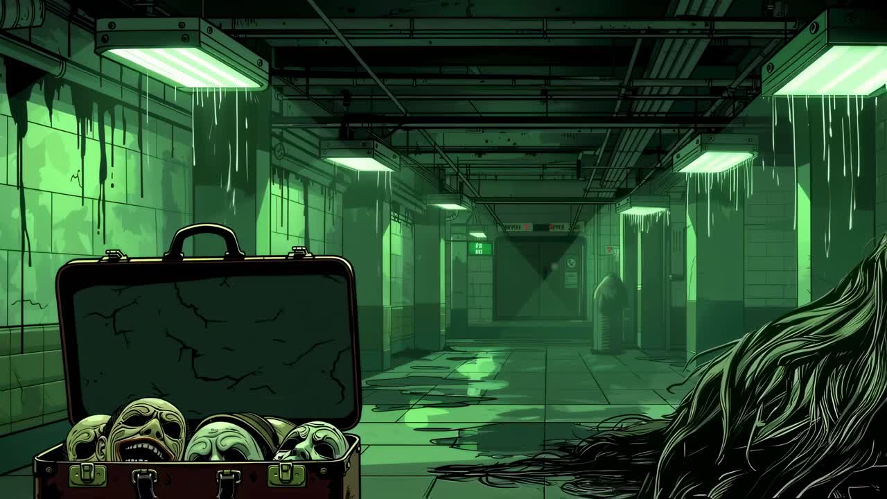 Creepy green lit subway tunnel with leaking ceiling, lurking monster, and suitcase containing scary masks creates a chilling horror scene