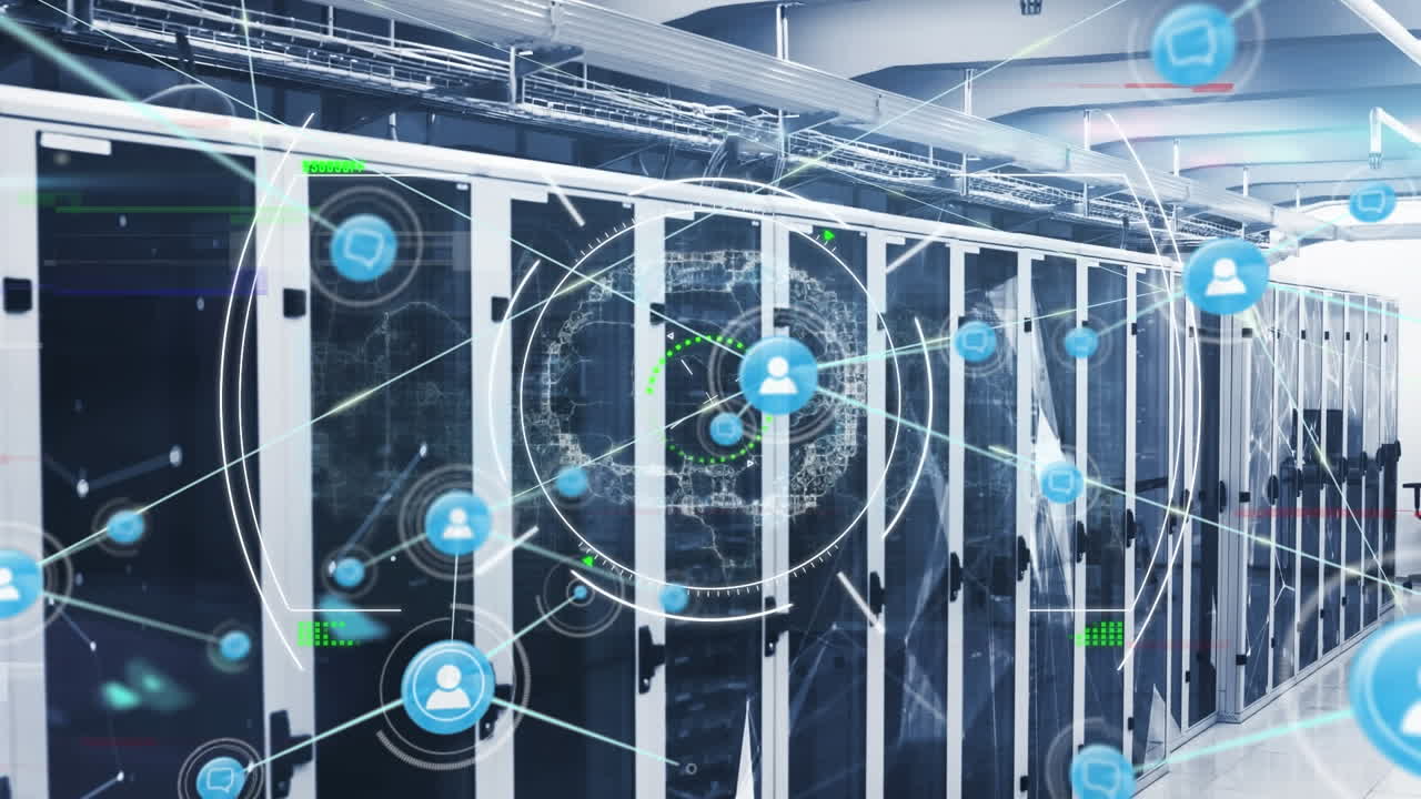 Animation of network of connections with icons and data processing over server room