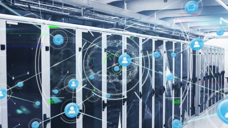 animation of network of connections with icons and data processing over server room