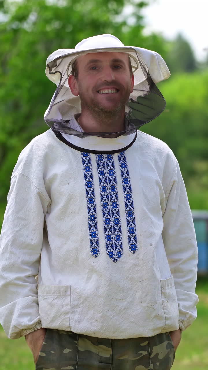 Male beekeeper in protective clothing. Portrait of beekeeper in protective mask