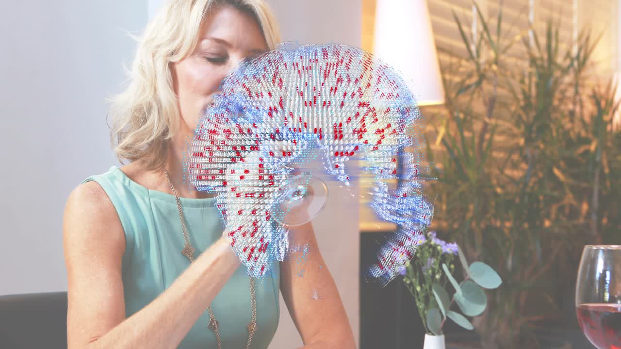 Digital globe appearing in restaurant guiding diner examining wine glass inhaling aroma and sipping