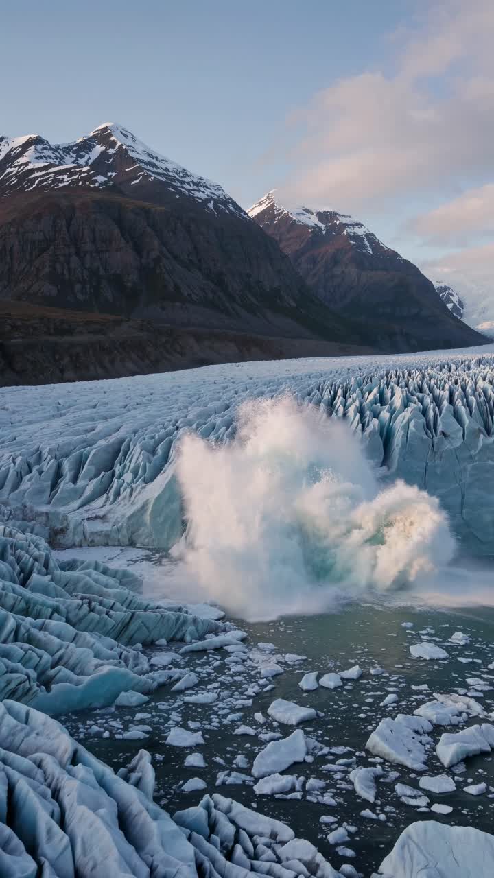 Aerial video view of a vast glacier with rugged mountains in the background
