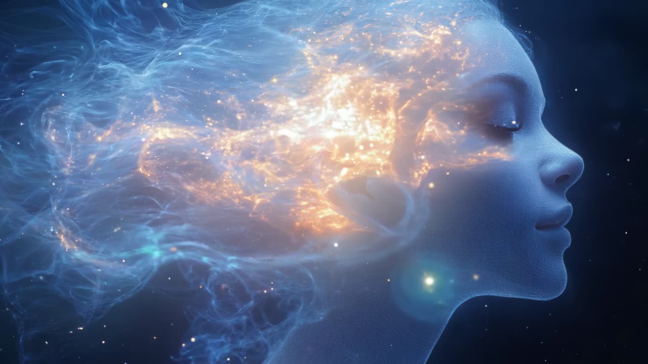 A woman's face is shown with smoke and fire surrounding her. Concept of mystery and intrigue, as the smoke and fire seem to be emanating from her face. The woman's eyes are closed