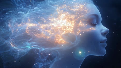 A woman's face is shown with smoke and fire surrounding her. Concept of mystery and intrigue, as the smoke and fire seem to be emanating from her face. The woman's eyes are closed