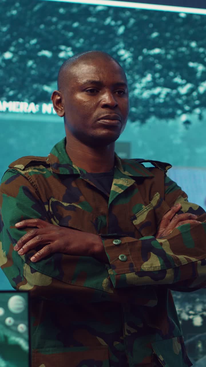African American Soldier Standing with Arms Crossed in Military Uniform