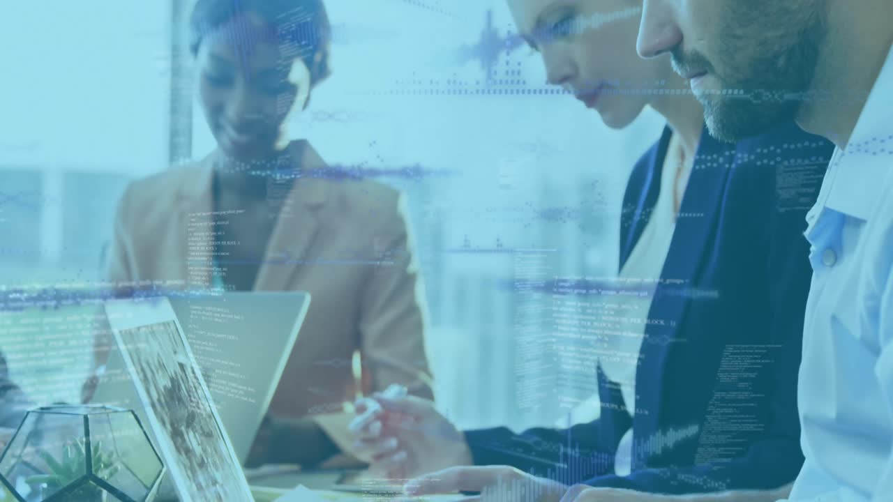 Animation of data and glitch moving over diverse businesspeople working