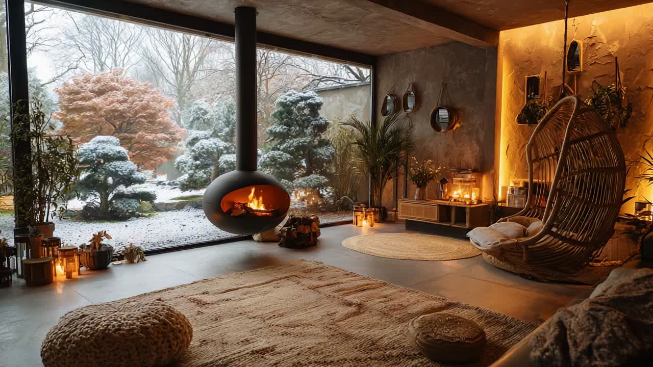 A Cozy Living Room with Modern Decor Overlooking a Winter Wonderland of Snowy Trees and a Flickering Fireplace, Creating a Serene and Inviting Atmosphere to Relax and Find Peace During the Chilly Season