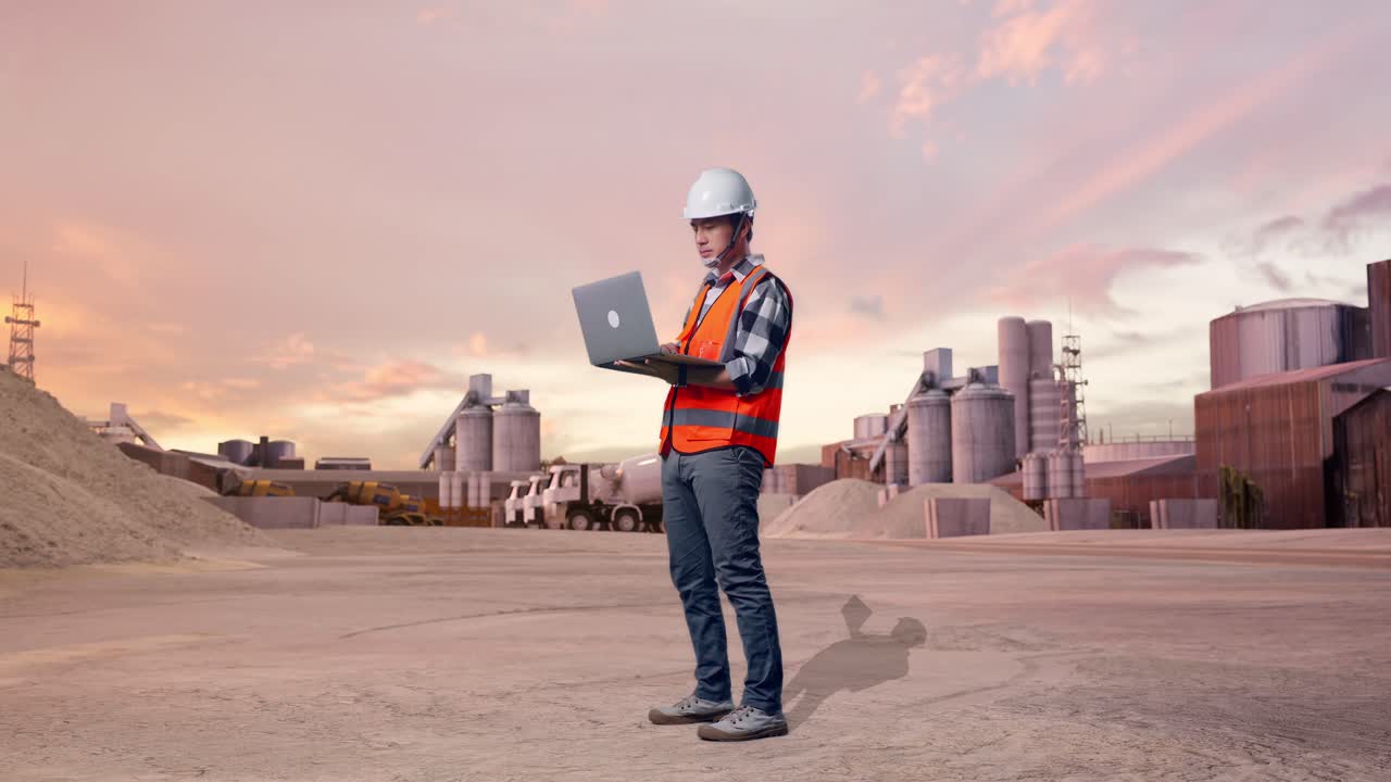 Vista lateral de cuerpo entero de ingeniero asiático con casco de seguridad trabajando en un portátil y mirando a su alrededor mientras está de pie en una planta de cemento industrial con camiones hormigonera al atardecer
