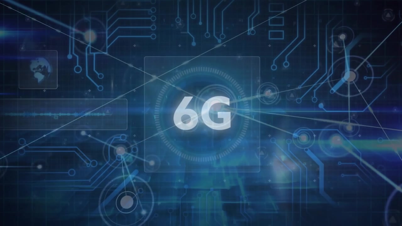 Animaatio yhteysverkostosta 6G-tekstin yllä.