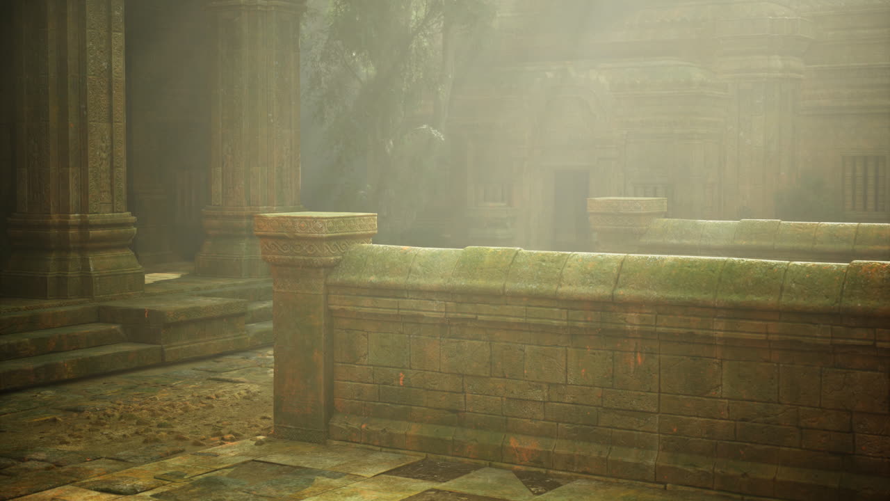Misty ancient ruins with sunlight filtering through trees at dawn