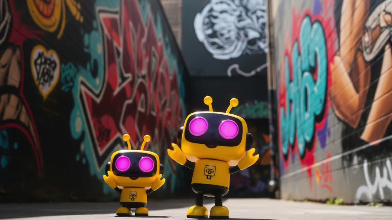 Due robot giocosi con vivaci occhi viola esplorano un colorato vicolo con graffiti, mostrando un'atmosfera divertente e stravagante in un ambiente urbano creativo
